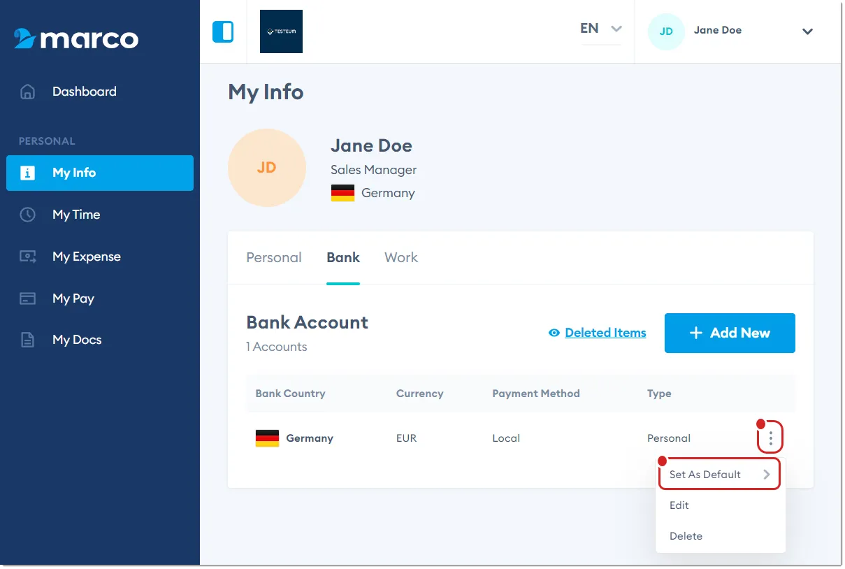 Marco Platform's My Info page Bank tab, with Set As Default highlighted. Marco Platform's My Info page Bank tab, with Set As Default highlighted.