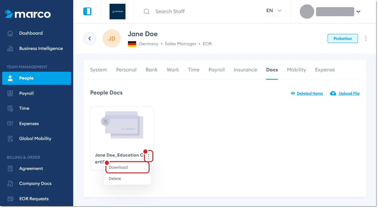 Marco Platform's People page Docs tab, with Download highlighted. Marco Platform's People page Docs tab, with Download highlighted.