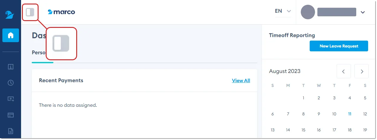 Marco Platform interface, with left navigation sidebar collapsed. Marco Platform interface, with left navigation sidebar collapsed.