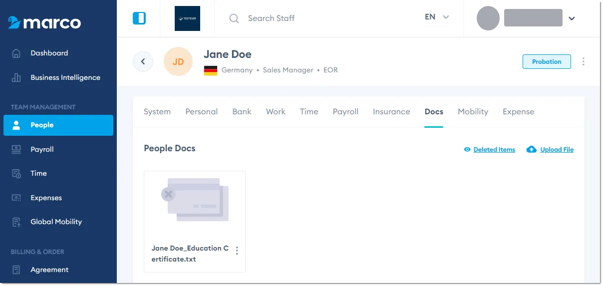 Marco Platform's People page Docs tab.