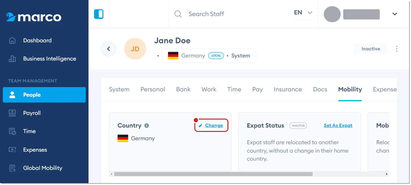 Marco Platform's People page Mobility tab, with Change highlighted.