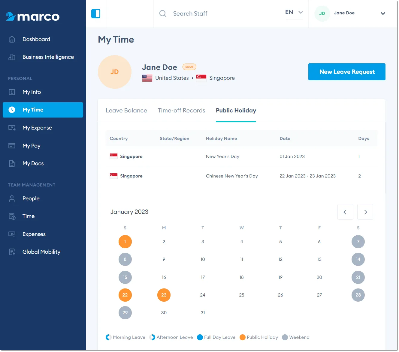 Marco Platform's My Time page Public Holiday tab.