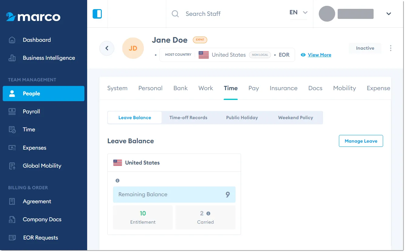 Marco Platform's People page Time tab Leave Balance toggle.