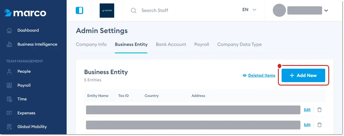 Marco Platform's Admin Settings page Business Entity tab, with Add New highlighted. Marco Platform's Admin Settings page Business Entity tab, with Add New highlighted.