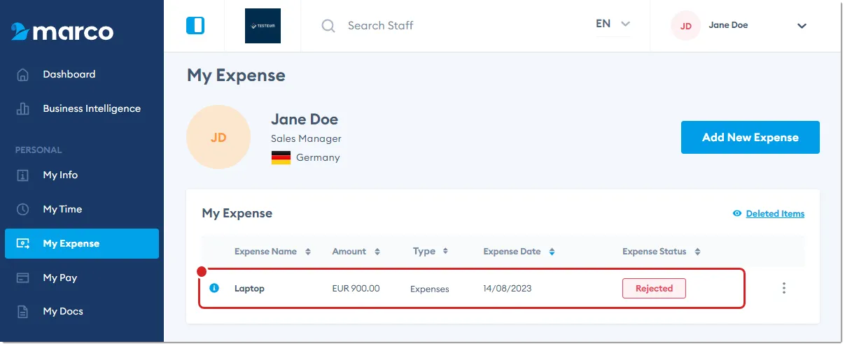 Marco Platform's My Expense page.