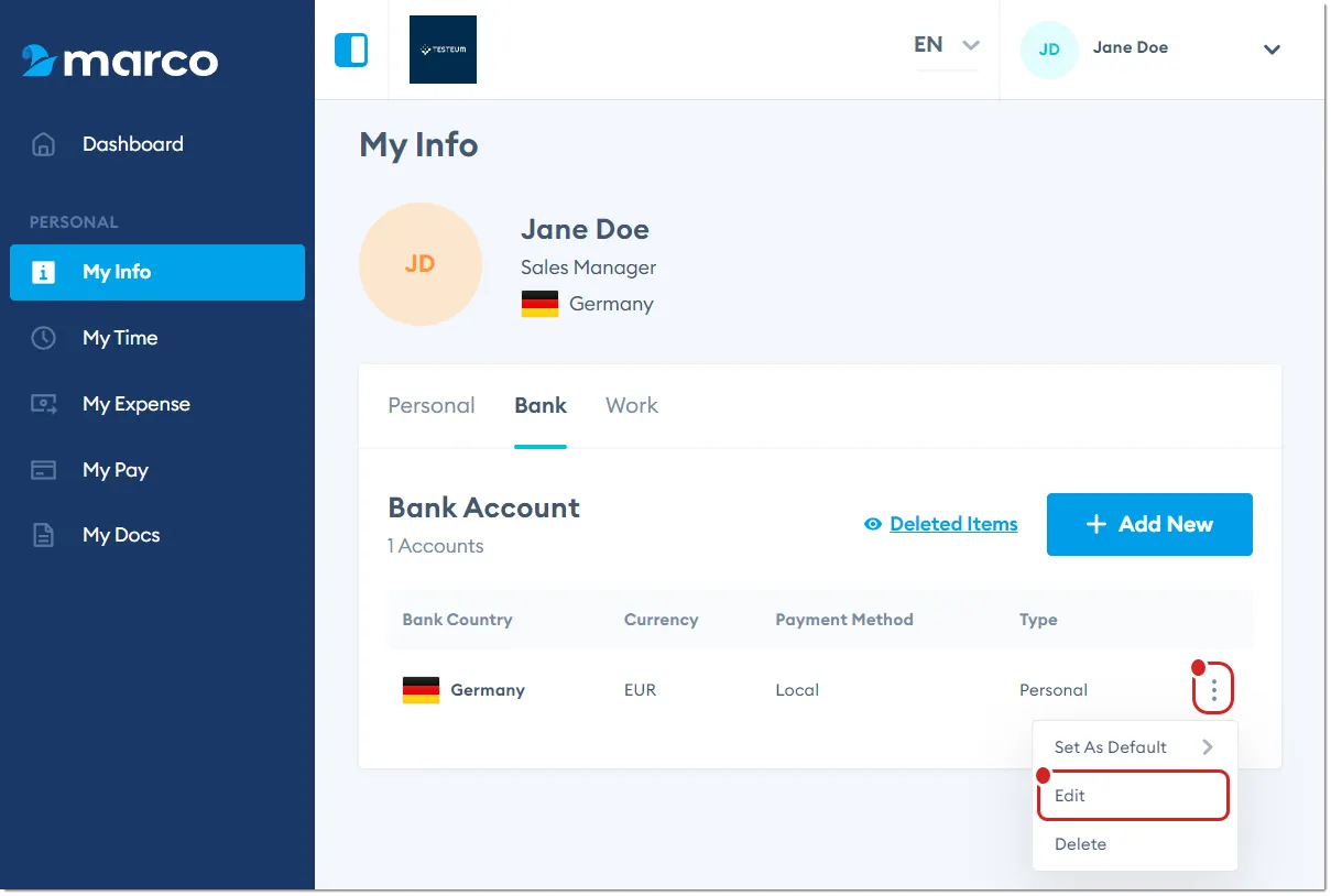 Marco Platform's My Info page Bank tab, with Edit highlighted. Marco Platform's My Info page Bank tab, with Edit highlighted.