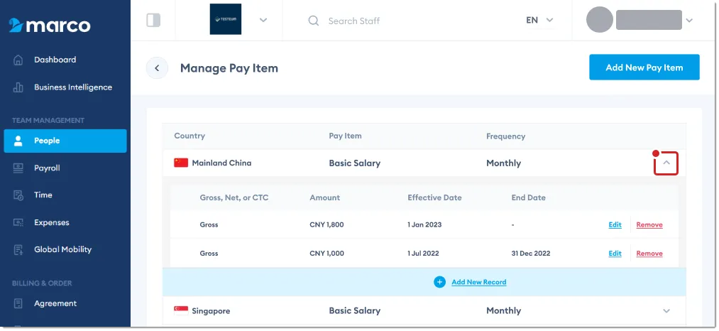 Marco Platform's Manage Pay Item screen, with Expand highlighted.