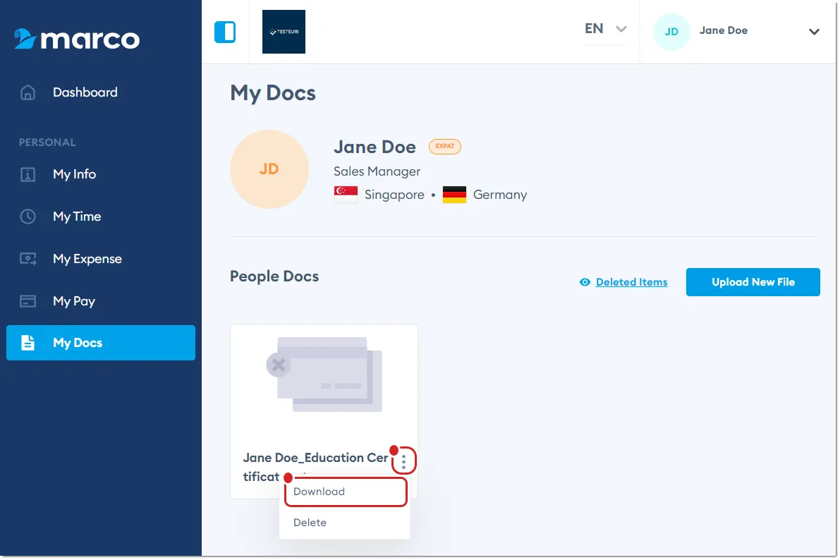 Marco Platform's My Docs page, with Download highlighted.