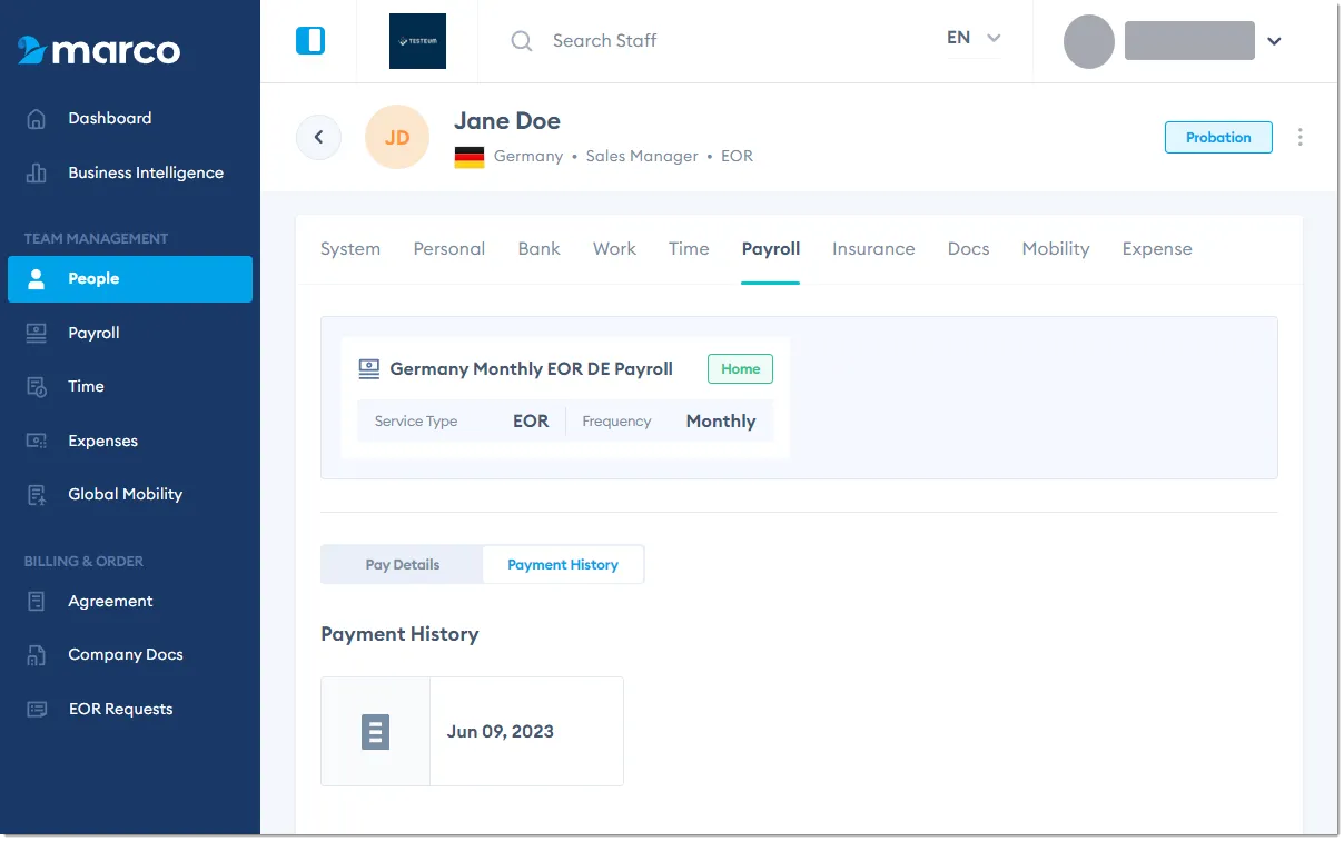Marco Platform's People page Pay tab Payment History toggle.