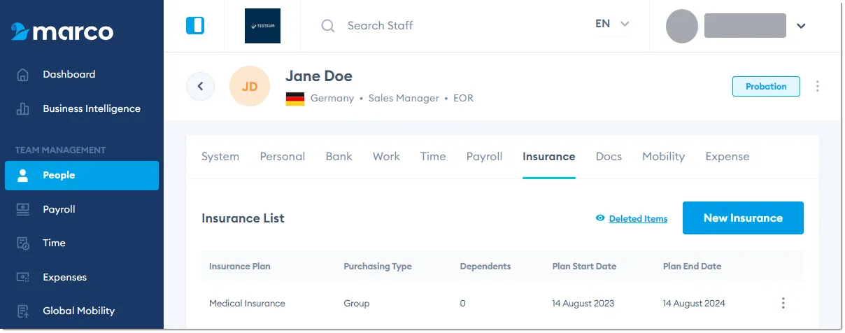 Marco Platform's People page Insurance tab.