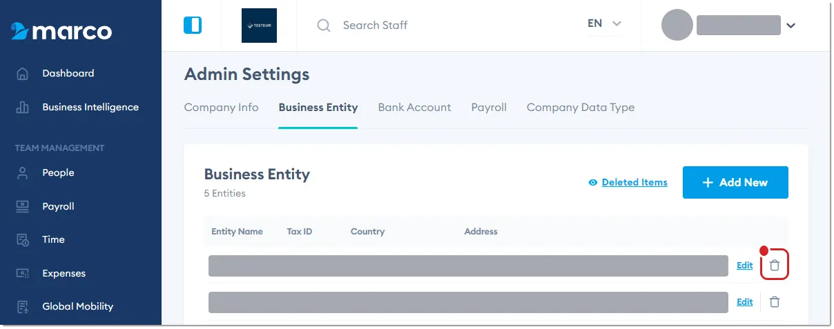 Marco Platform's Admin Settings page Business Entity tab, with Delete highlighted. Marco Platform's Admin Settings page Business Entity tab, with Delete highlighted.