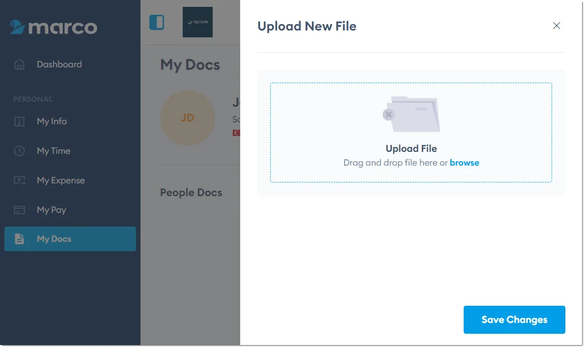Marco Platform's My Docs page, with the Upload New File screen open.