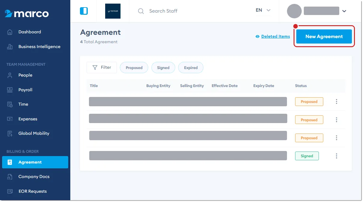 Marco Platform's Agreement page, with New Agreement highlighted.