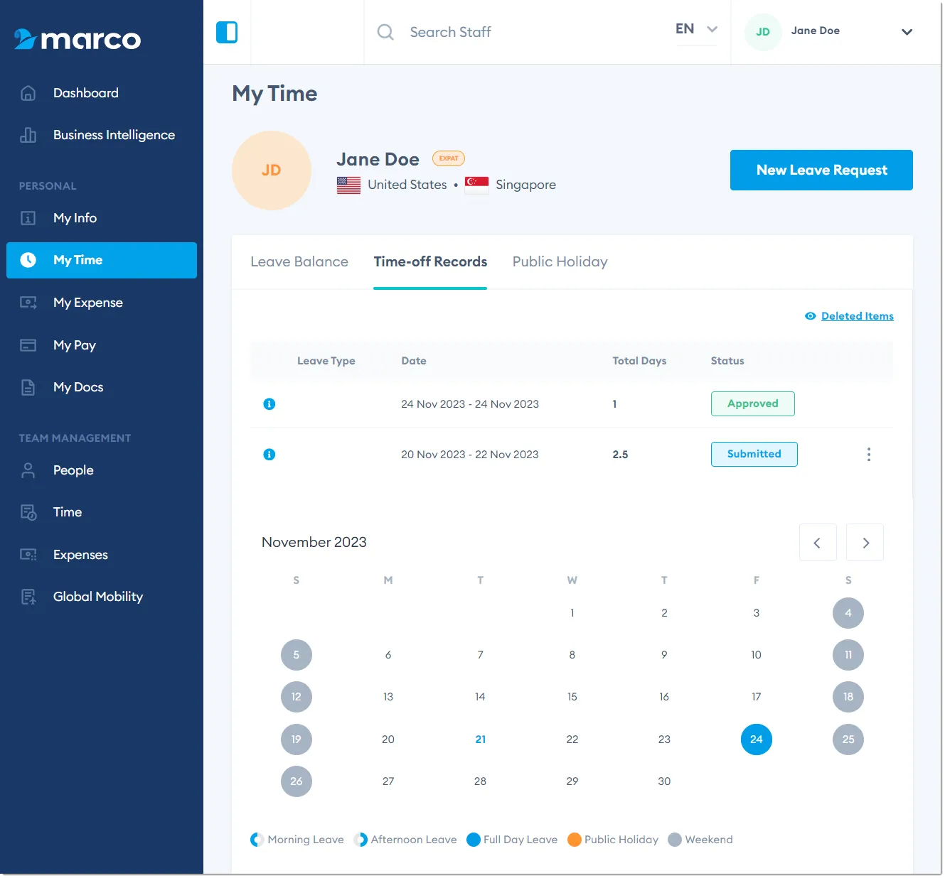 Marco Platform's My Time page Time-off Records tab, showing a list of leave requests. Marco Platform's My Time page Time-off Records tab, showing a list of leave requests.