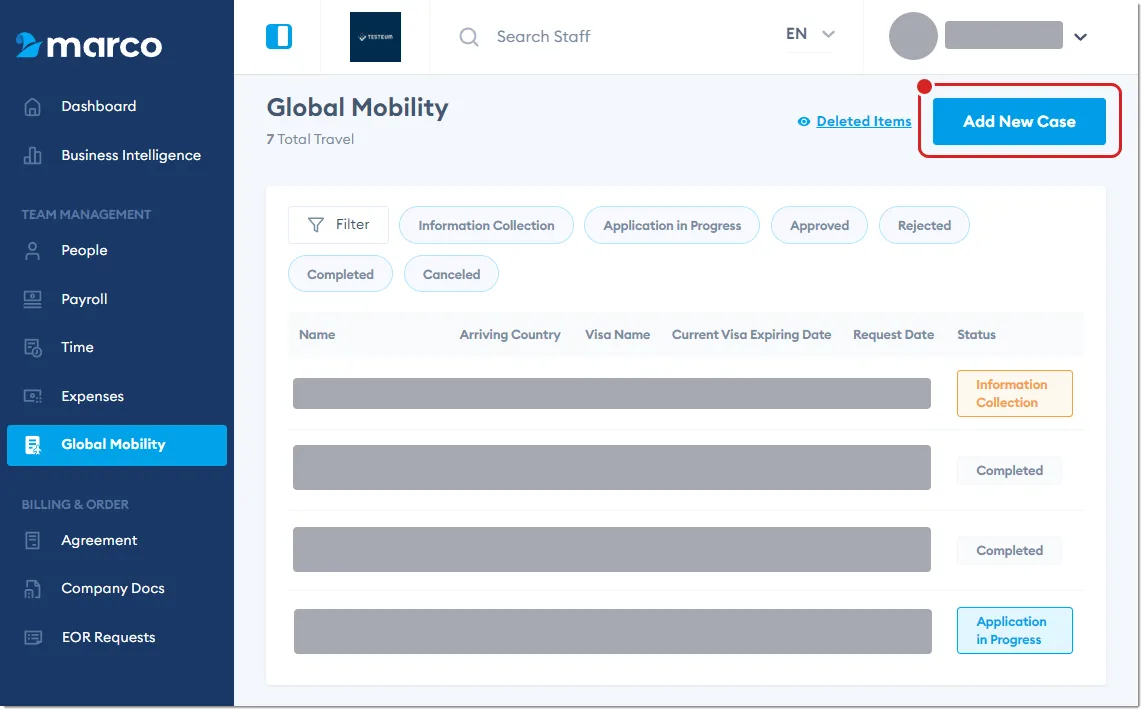 Marco Platform's Global Mobility page, with Add New Case highlighted.