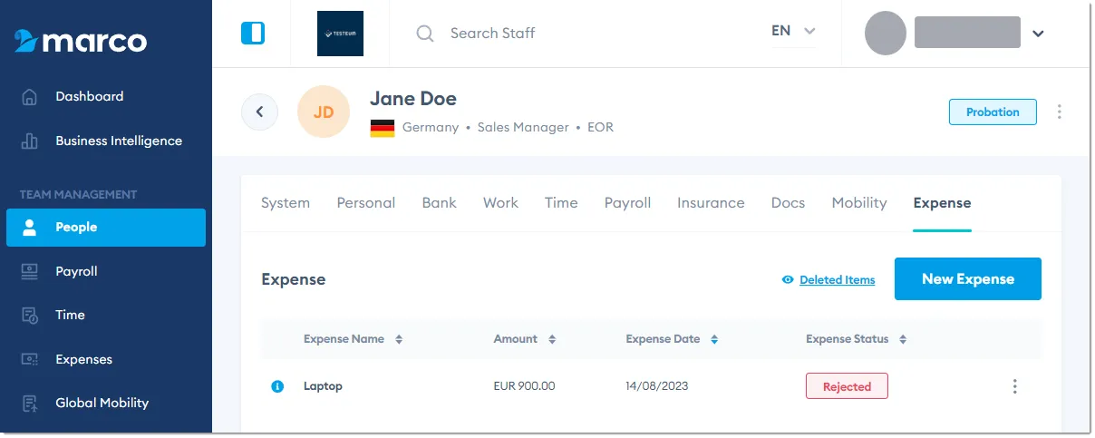 Marco Platform's People page Expense tab.