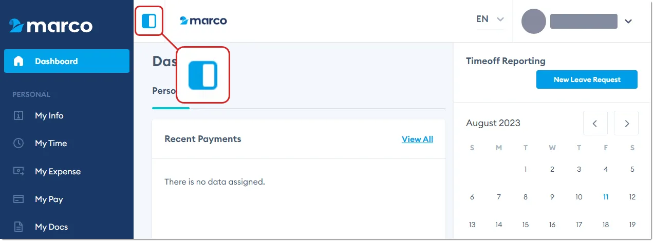 Marco Platform interface, with left navigation sidebar expanded. Marco Platform interface, with left navigation sidebar expanded.