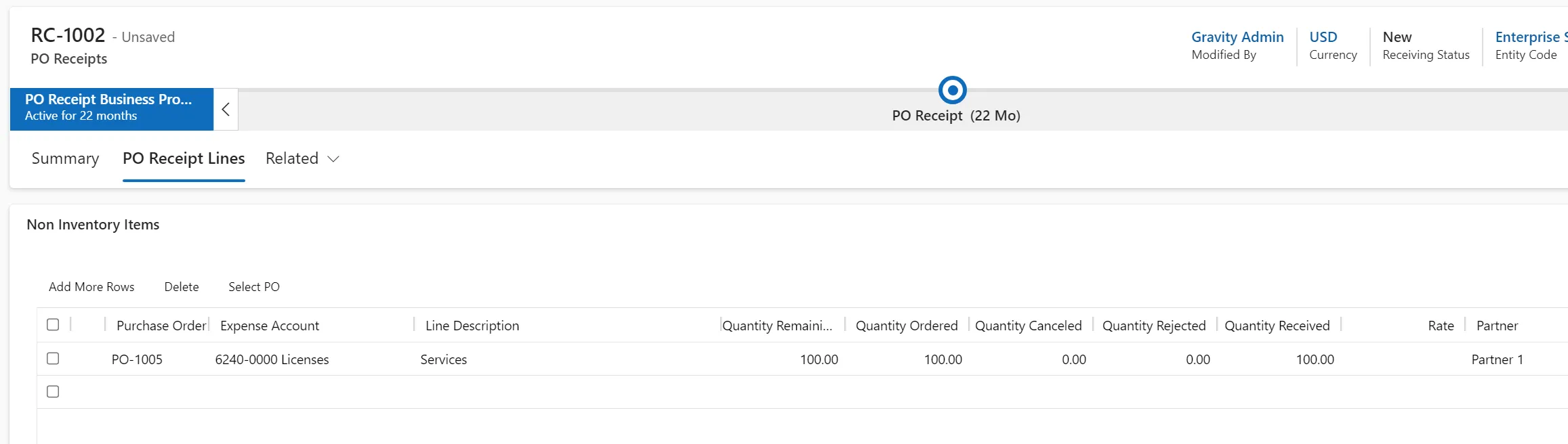 Purchase Order Receipt Lines in Gravity Purchase Order Receipt Lines in Gravity