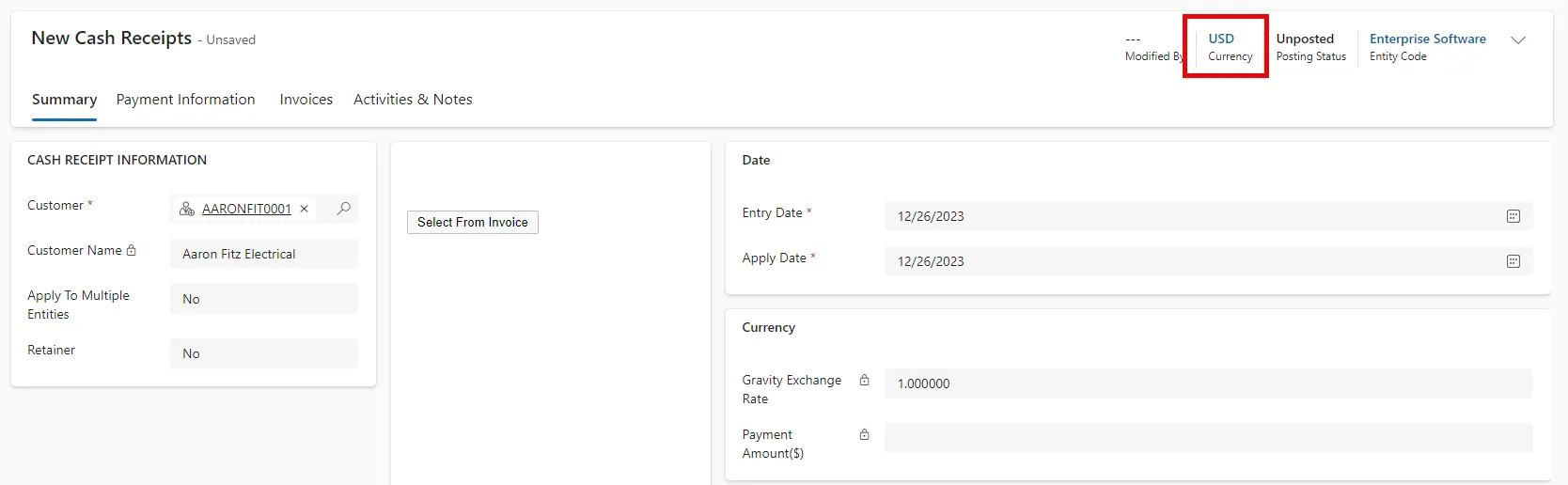 Summary window for Undeposited Funds in Gravity
