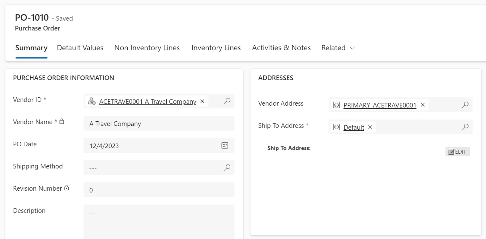Purchase Order Summary screen in Gravity