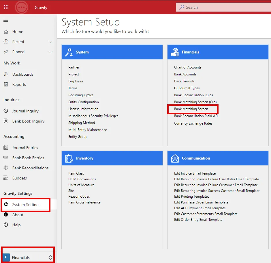 Automated bank matching from the System Setup screen in Gravity Automated bank matching from the System Setup screen in Gravity