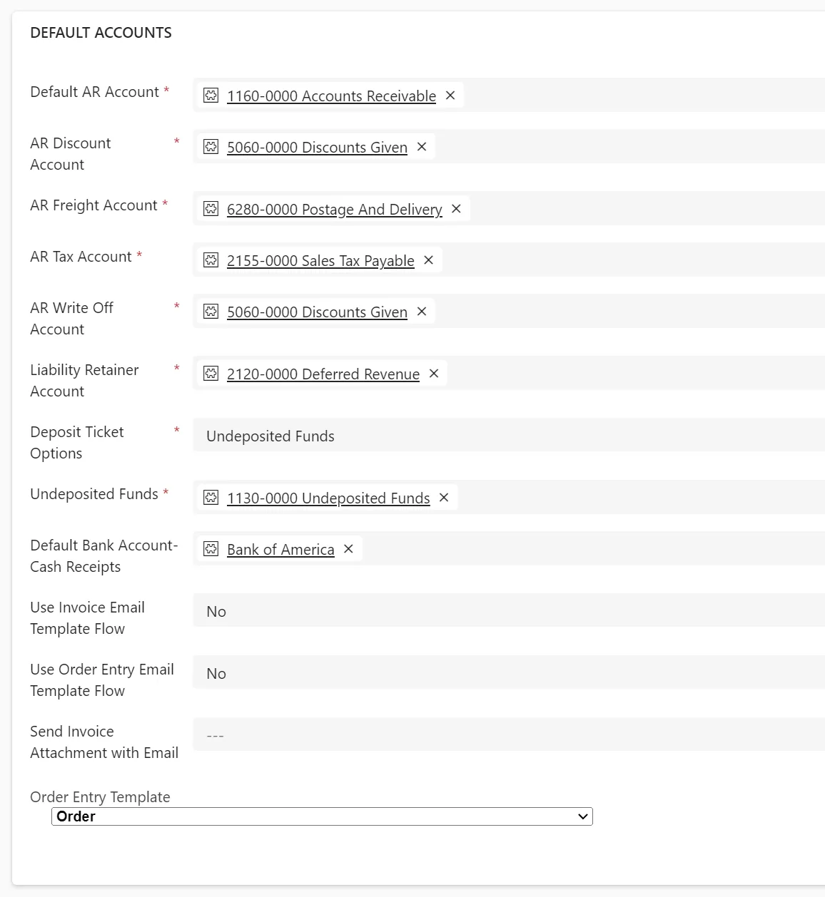 Entity Configuration Settings for Default Accounts in Gravity