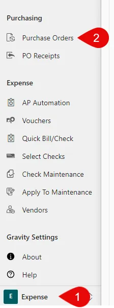 How to navigate to Purchase Orders in Gravity