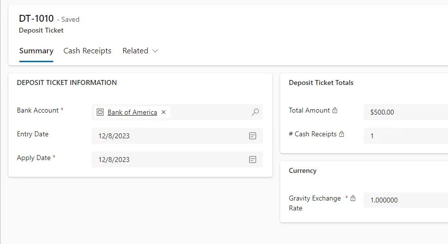 Deposit Ticket Summary in Gravity