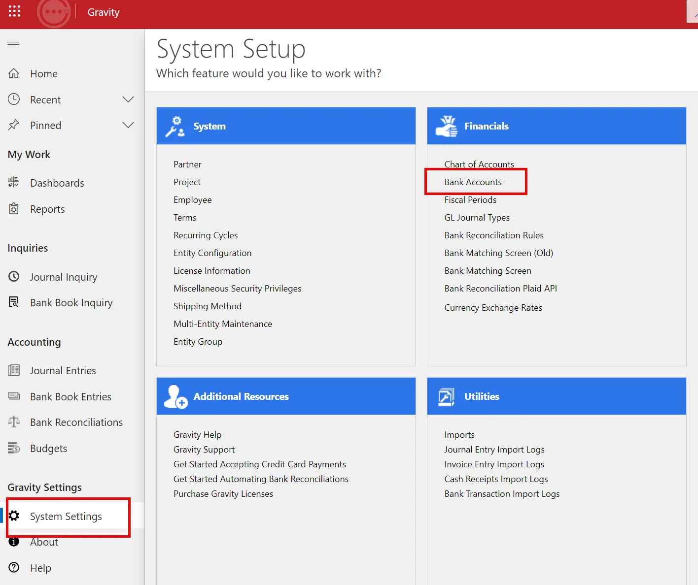 Access to setup bank accounts in Gravity