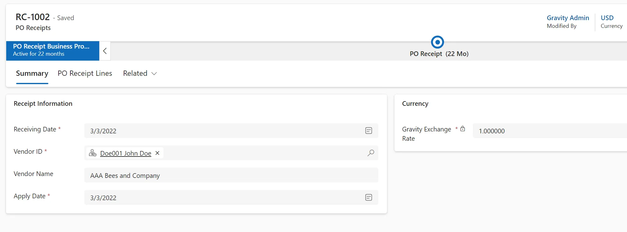 Purchase order summary screen in Gravity Purchase order summary screen in Gravity