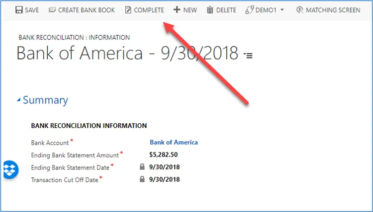 Mark the bank reconciliation as complete in Gravity