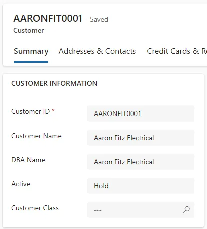 Customer summary screen in Gravity
