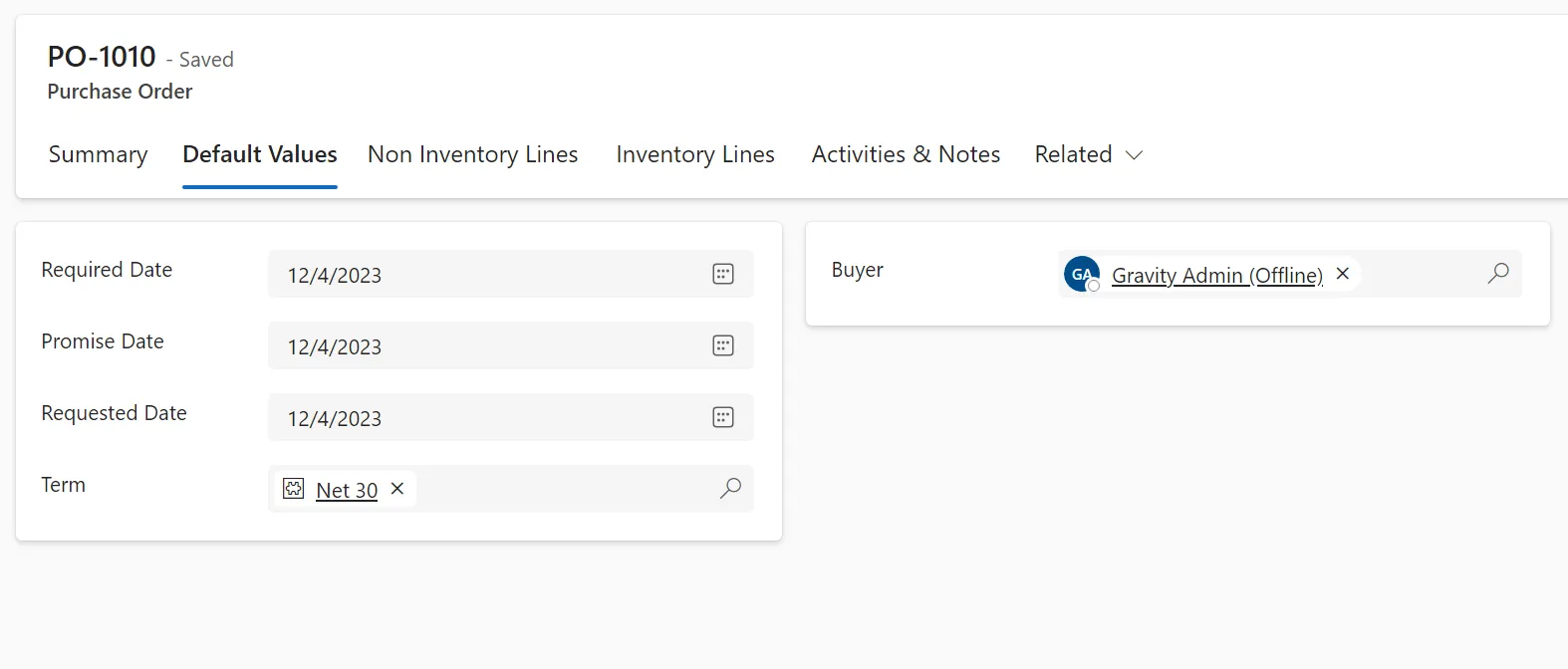 Default purchase order fields in Gravity