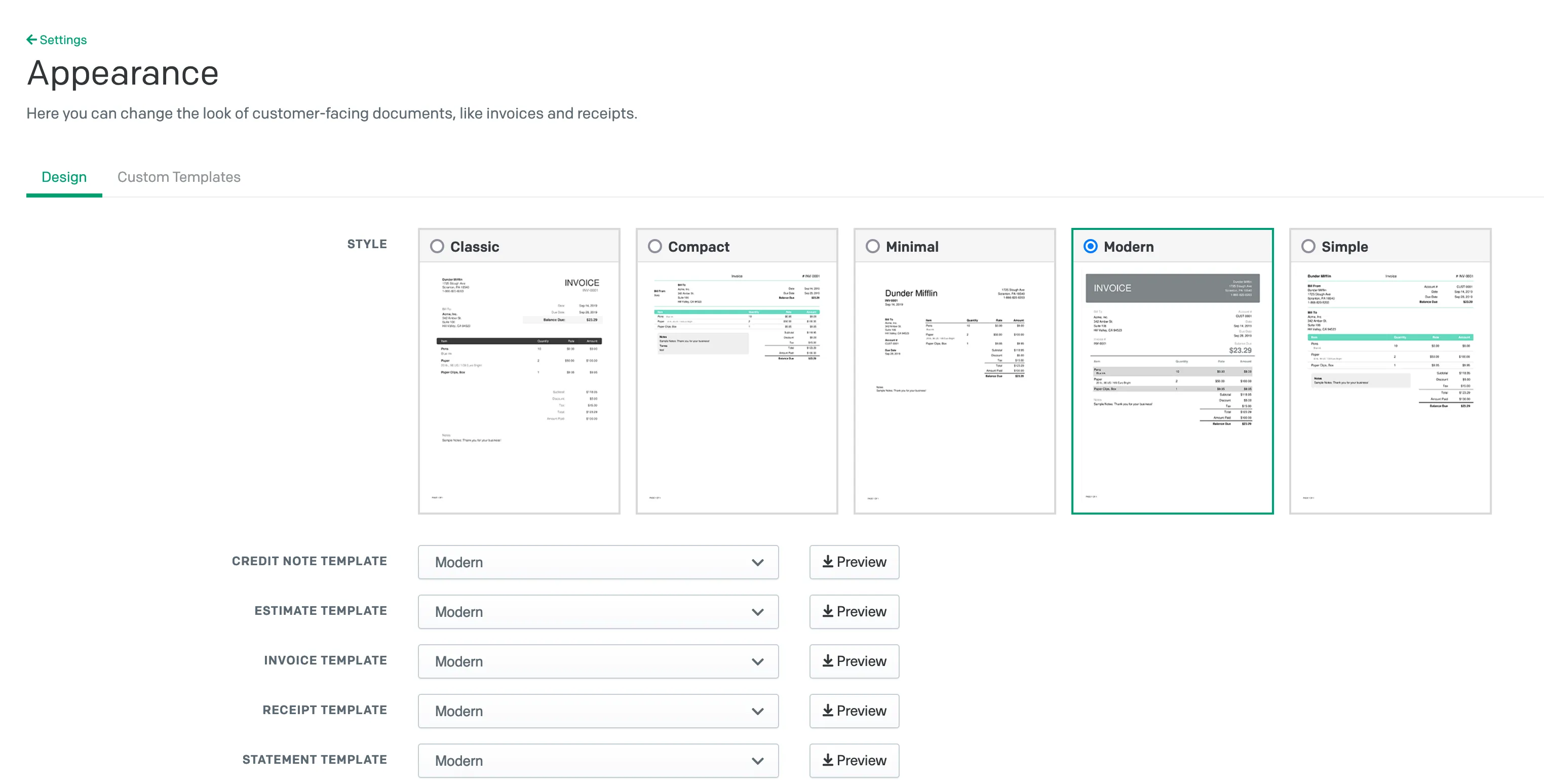 PDF Template Selection