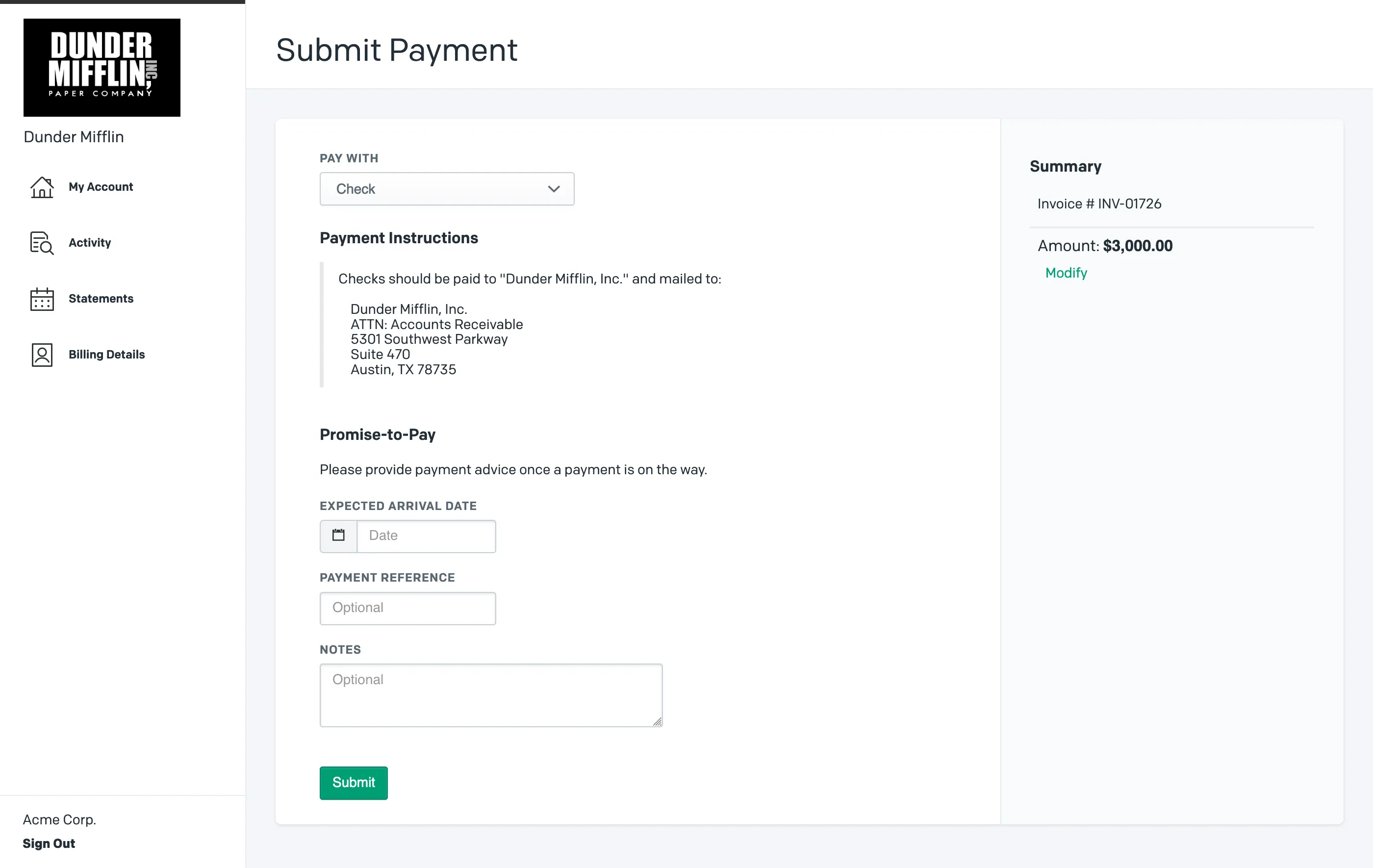 Pay invoice with check