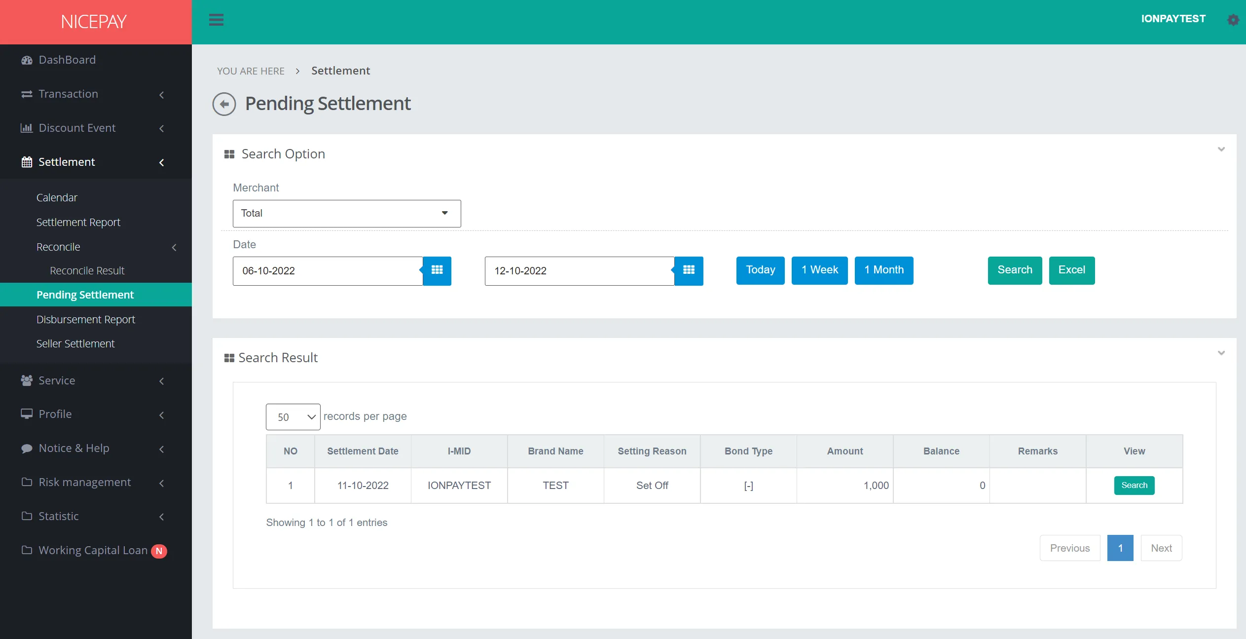 Pending Settlement - Search Result