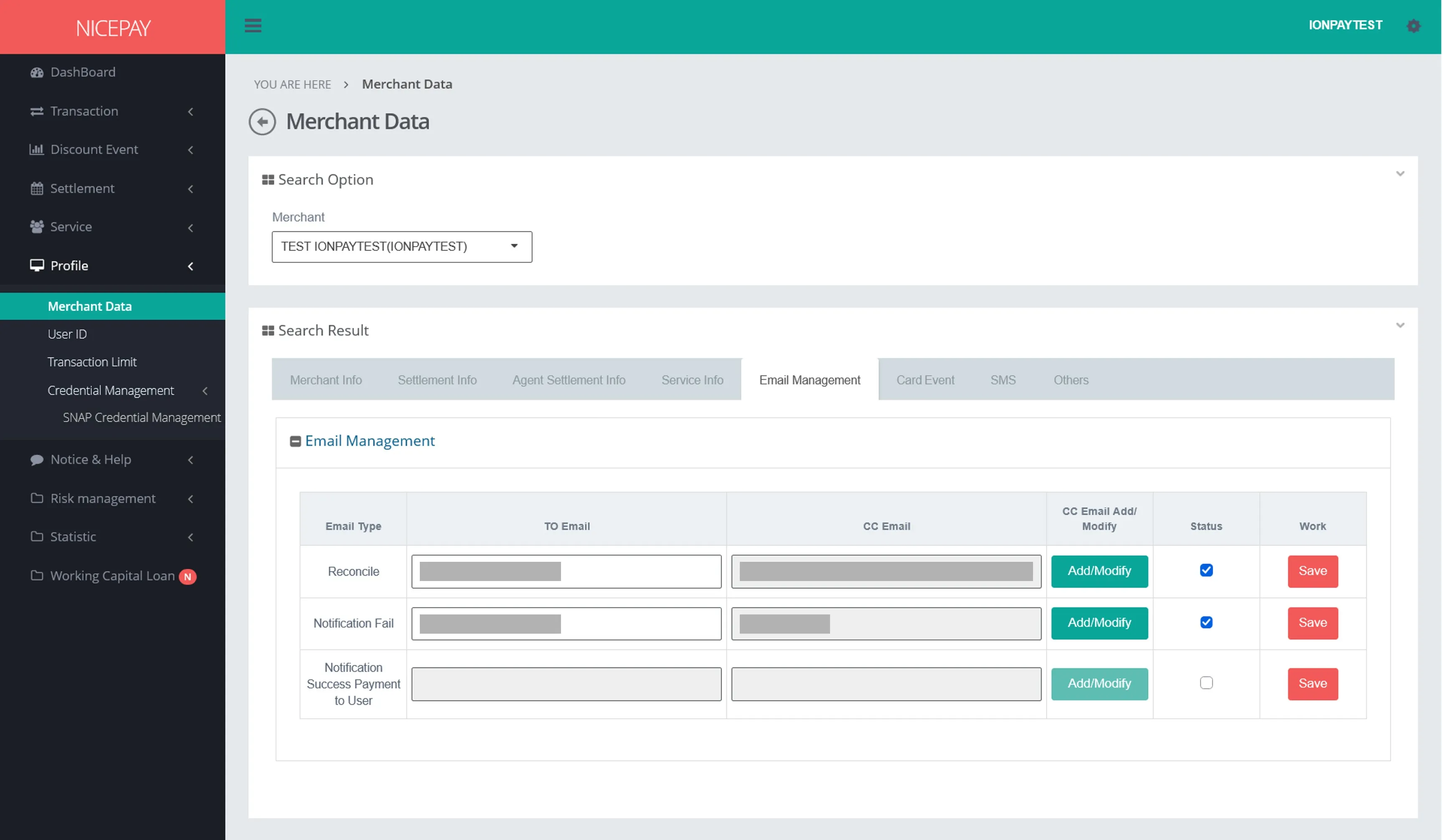 Merchant Data - Email Management Merchant Data - Email Management