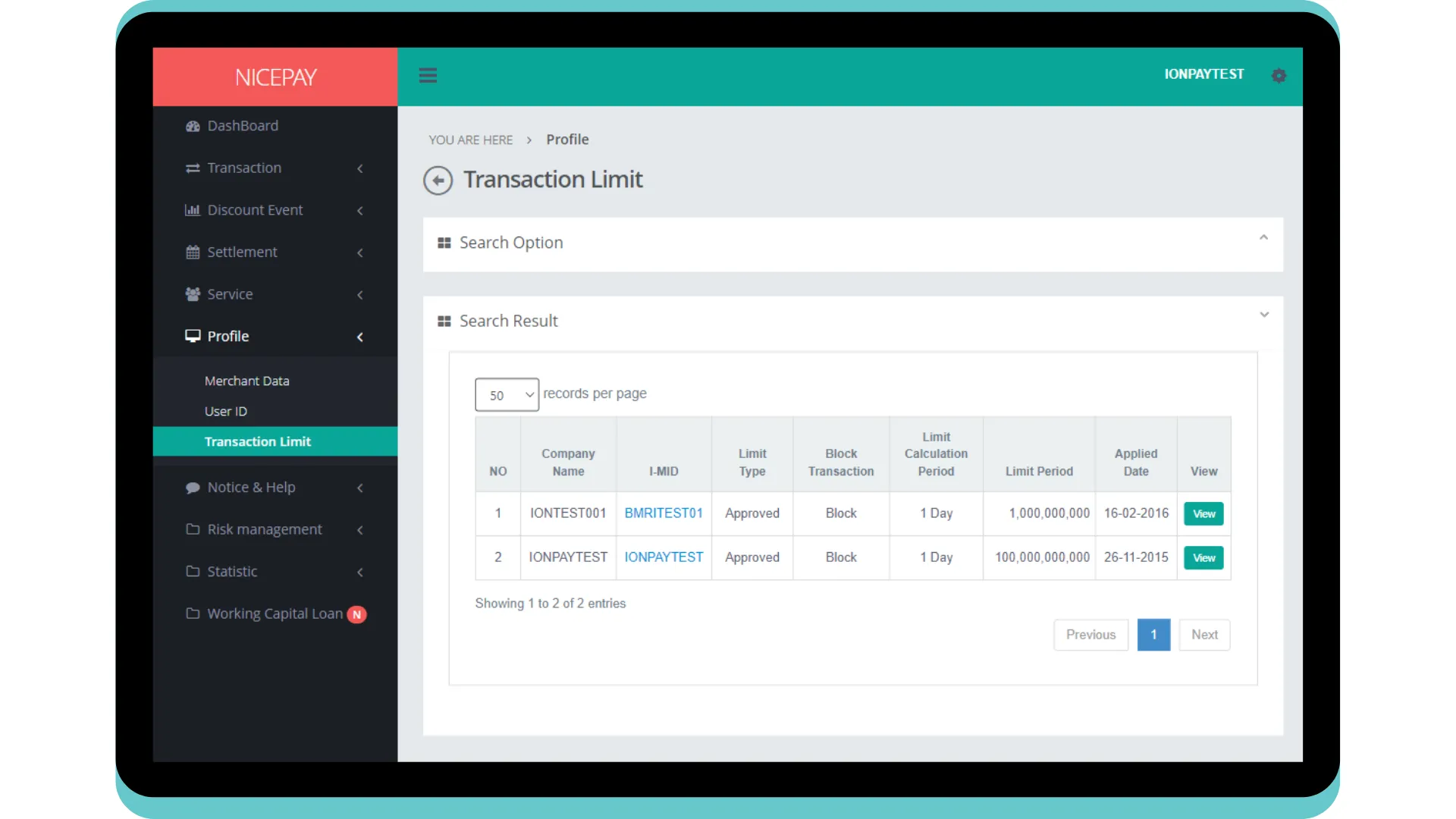Transaction Limit - Search Result