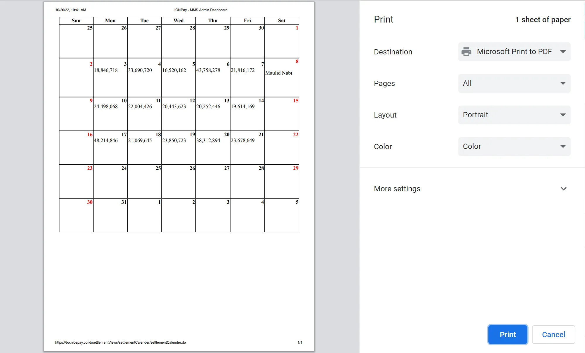 Settlement - Calendar - Print
