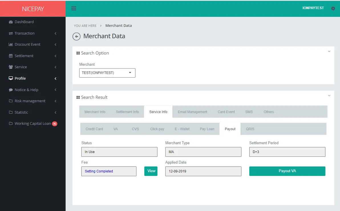 Merchant Data - Service Info - Payout