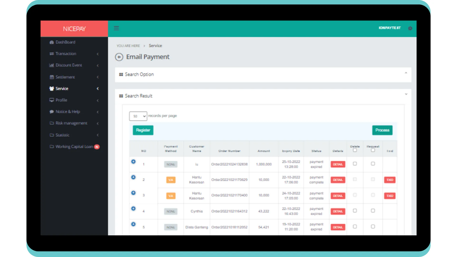 Email Payment - Search Result