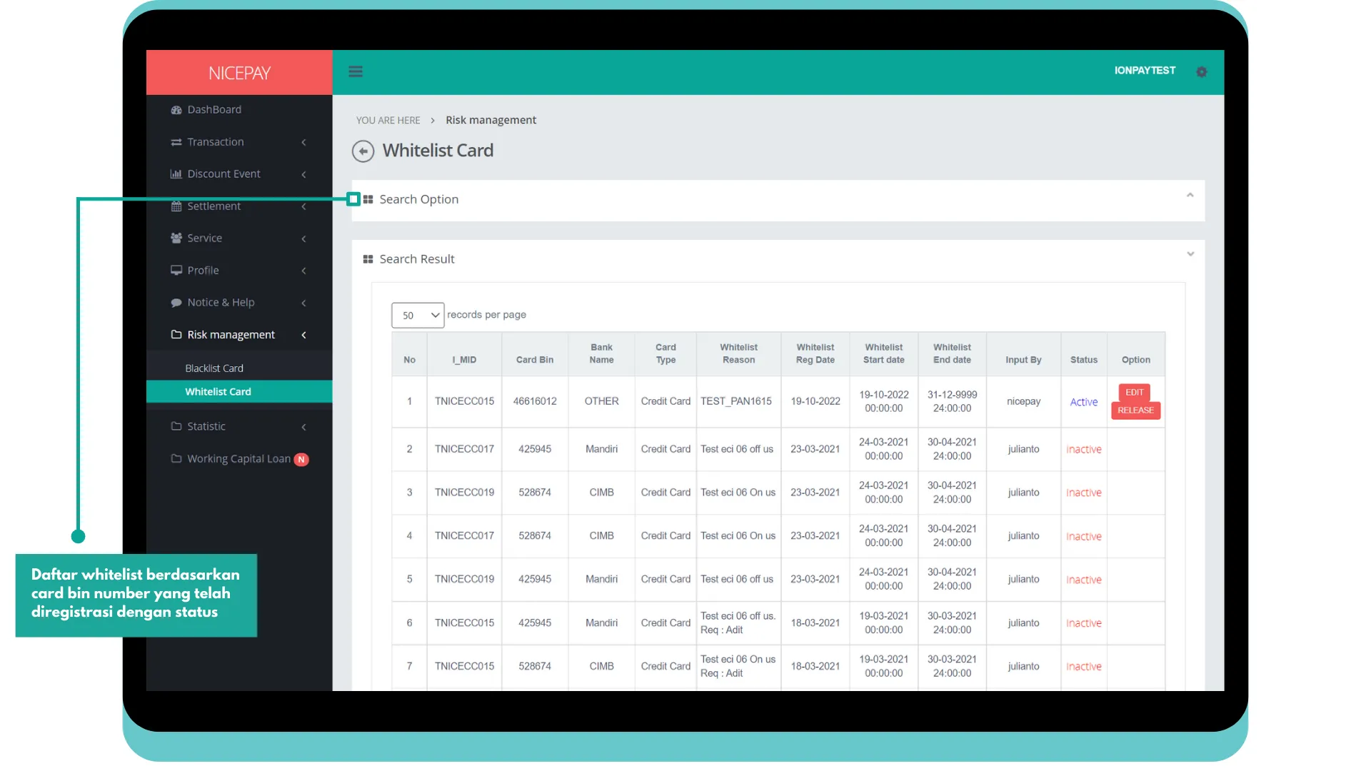 Whitelist Card - Search Result - By Card Bin Number Whitelist Card - Search Result - By Card Bin Number