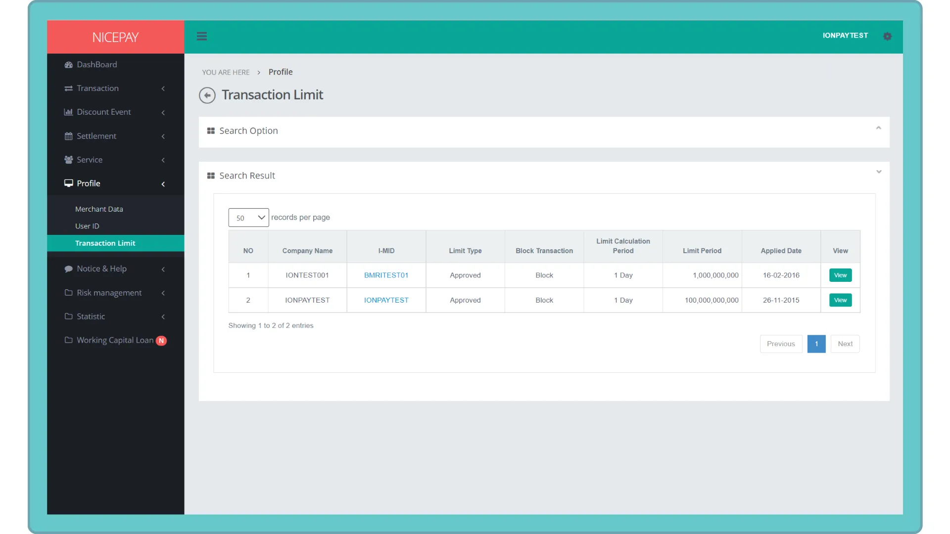 Transaction Limit - Search Result