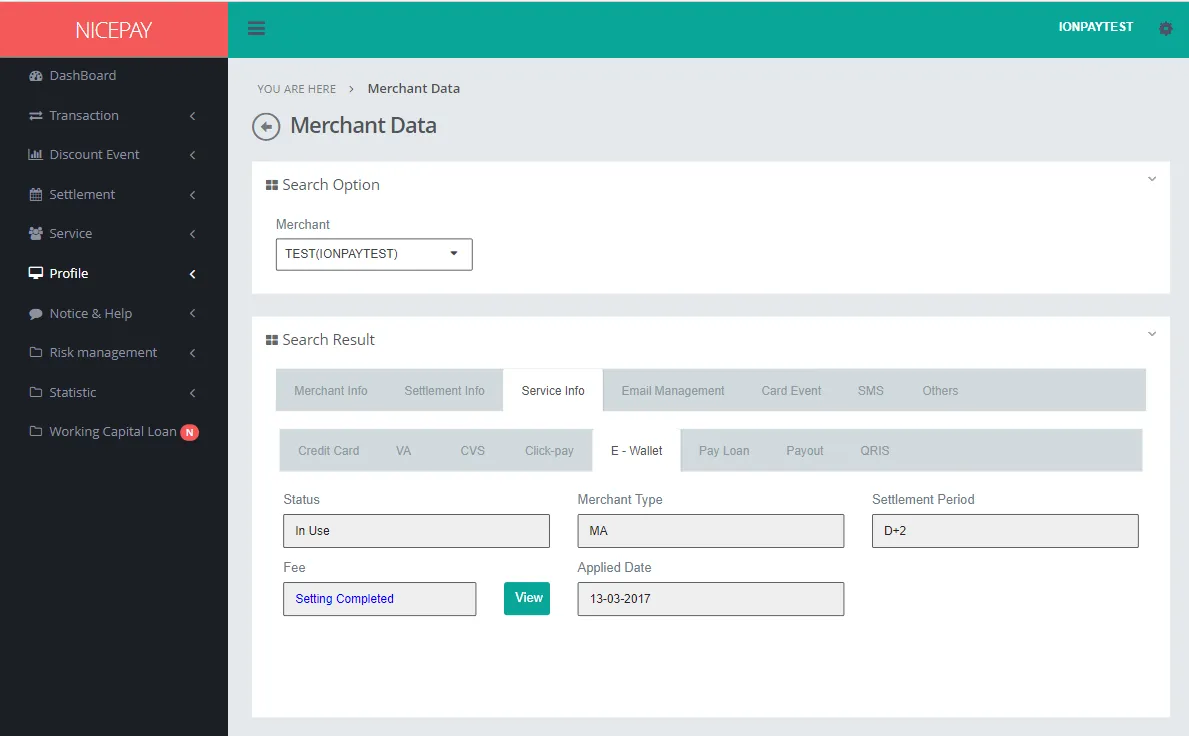 Merchant Data - Service Info - E-Wallet