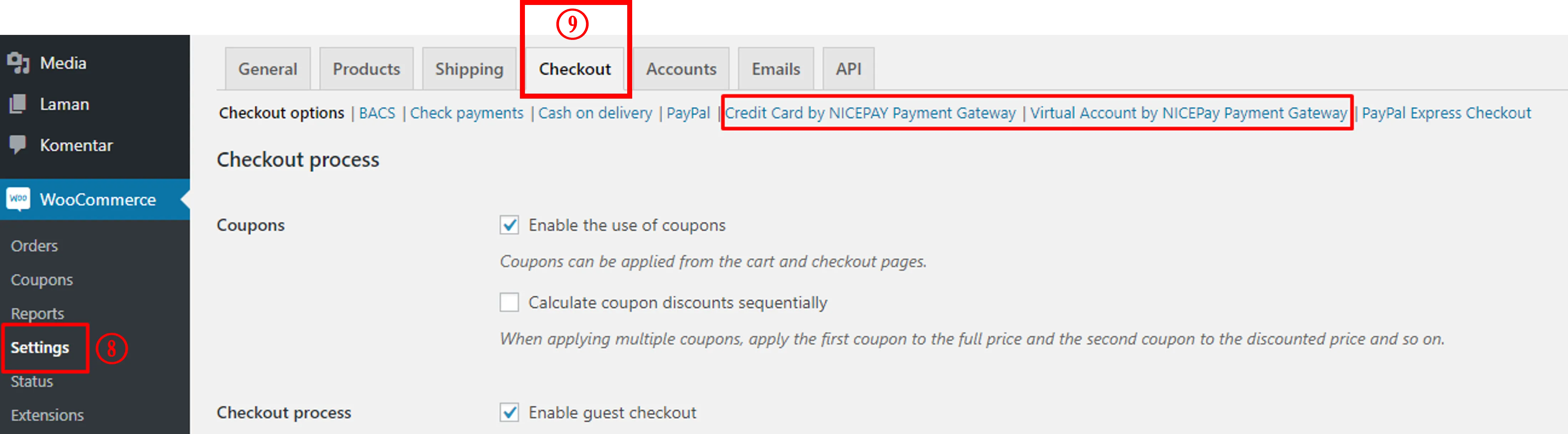 WooCommerce > Settings > Checkout WooCommerce > Settings > Checkout