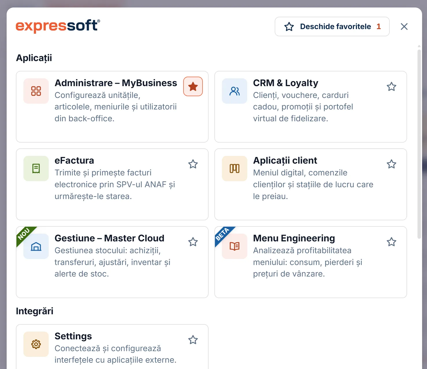 Meniul principal cu aplicațiile Expressoft