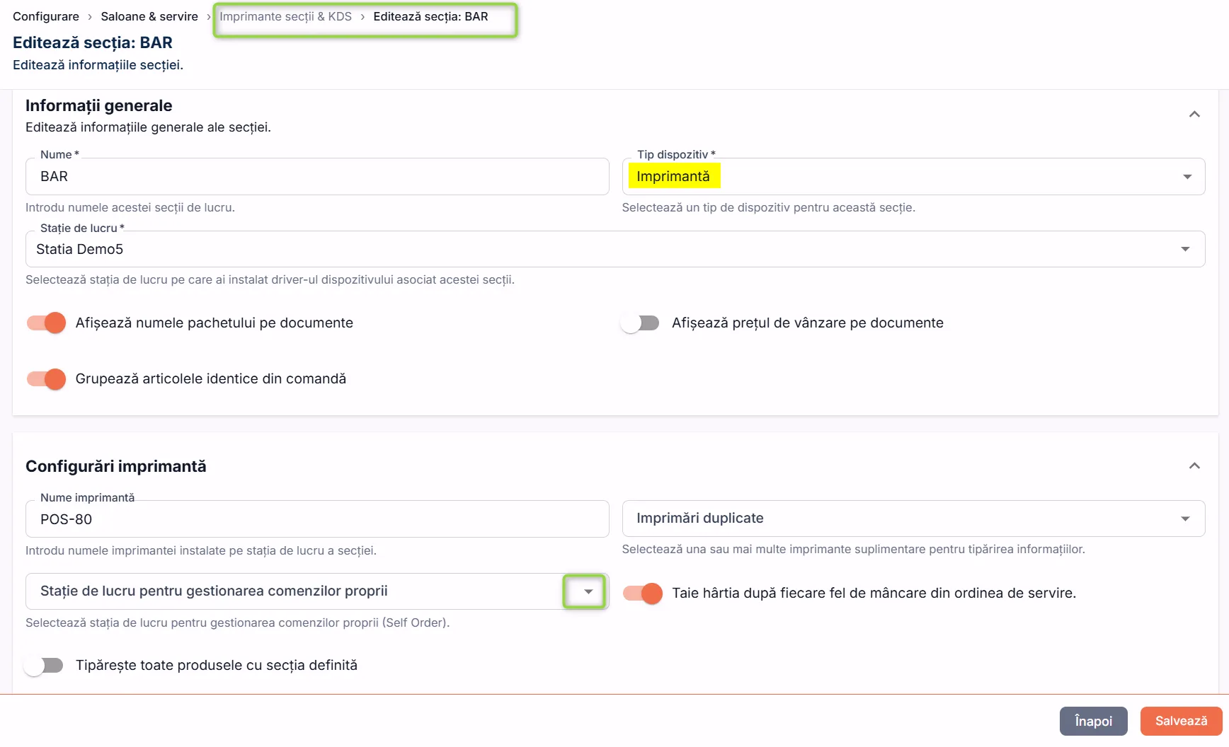Câmpul Stație de lucru pentru gestionarea comenzilor proprii, la o secție de tip imprimantă