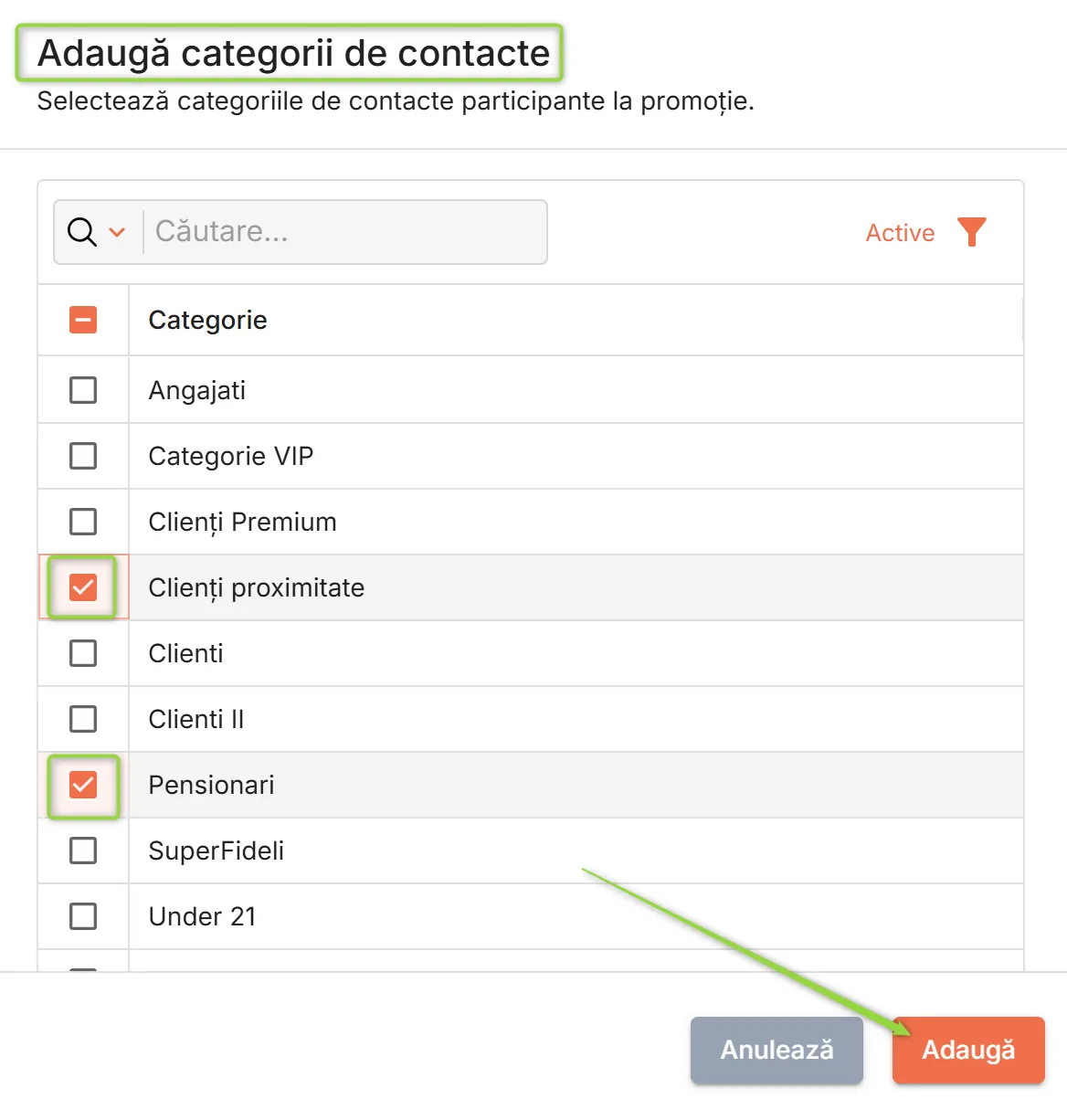 Selectare categorii de contacte participante la promoție