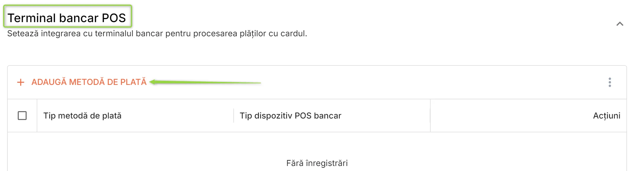 Secțiunea Terminal bancar POS