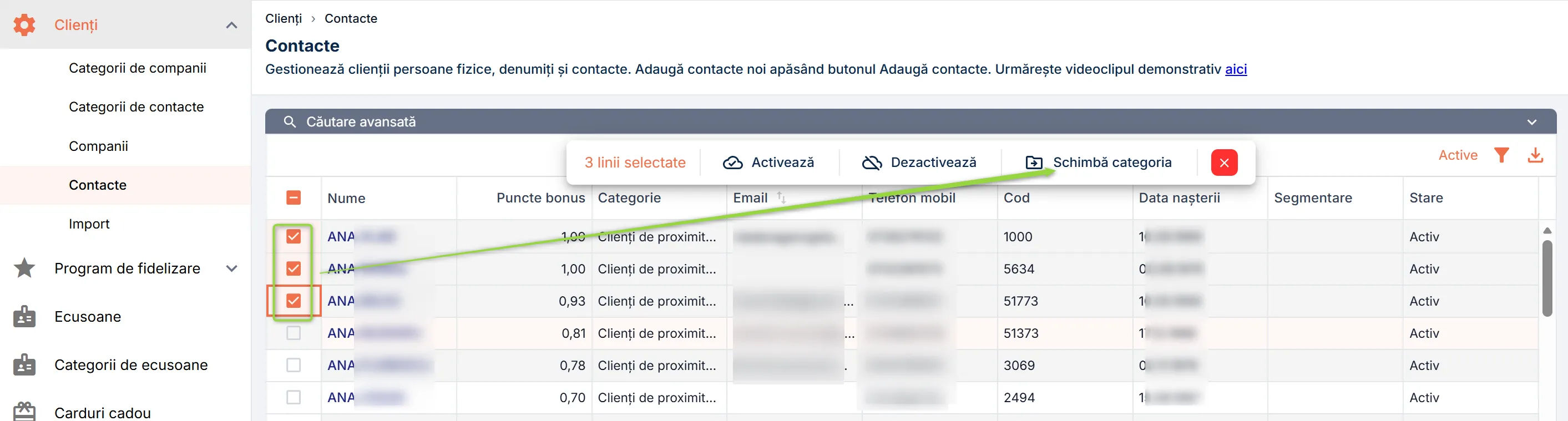Mută mai mulți clienți în altă categorie de contacte Mută mai mulți clienți în altă categorie de contacte